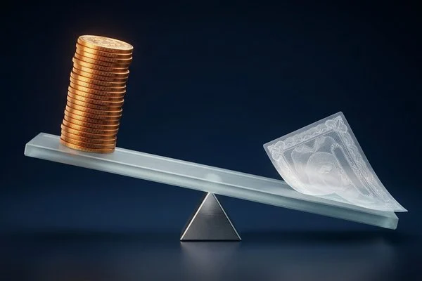 Ilustração conceitual das taxas do Tesouro Direto: gangorra de vidro com moedas de um lado e um título do outro