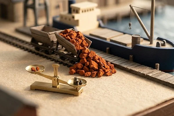 Maquete de porto com vagão de minério de ferro e balança de precisão, representando o lucro da Vale no 3T26